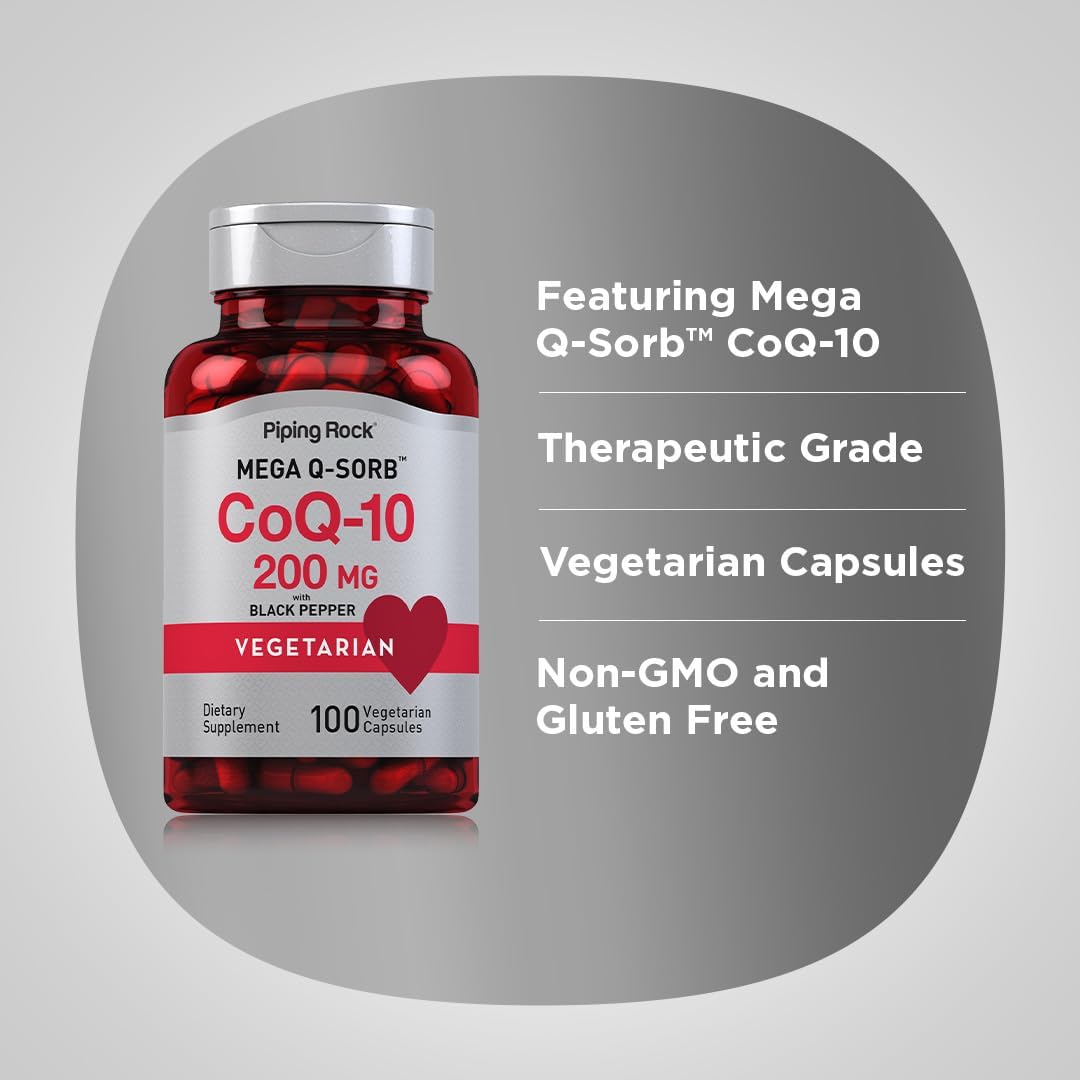 Piping Rock CoQ10 200mg Capsules | Mega Q Sorb | Vegetarian, Non-GMO, Gluten Free Supplement