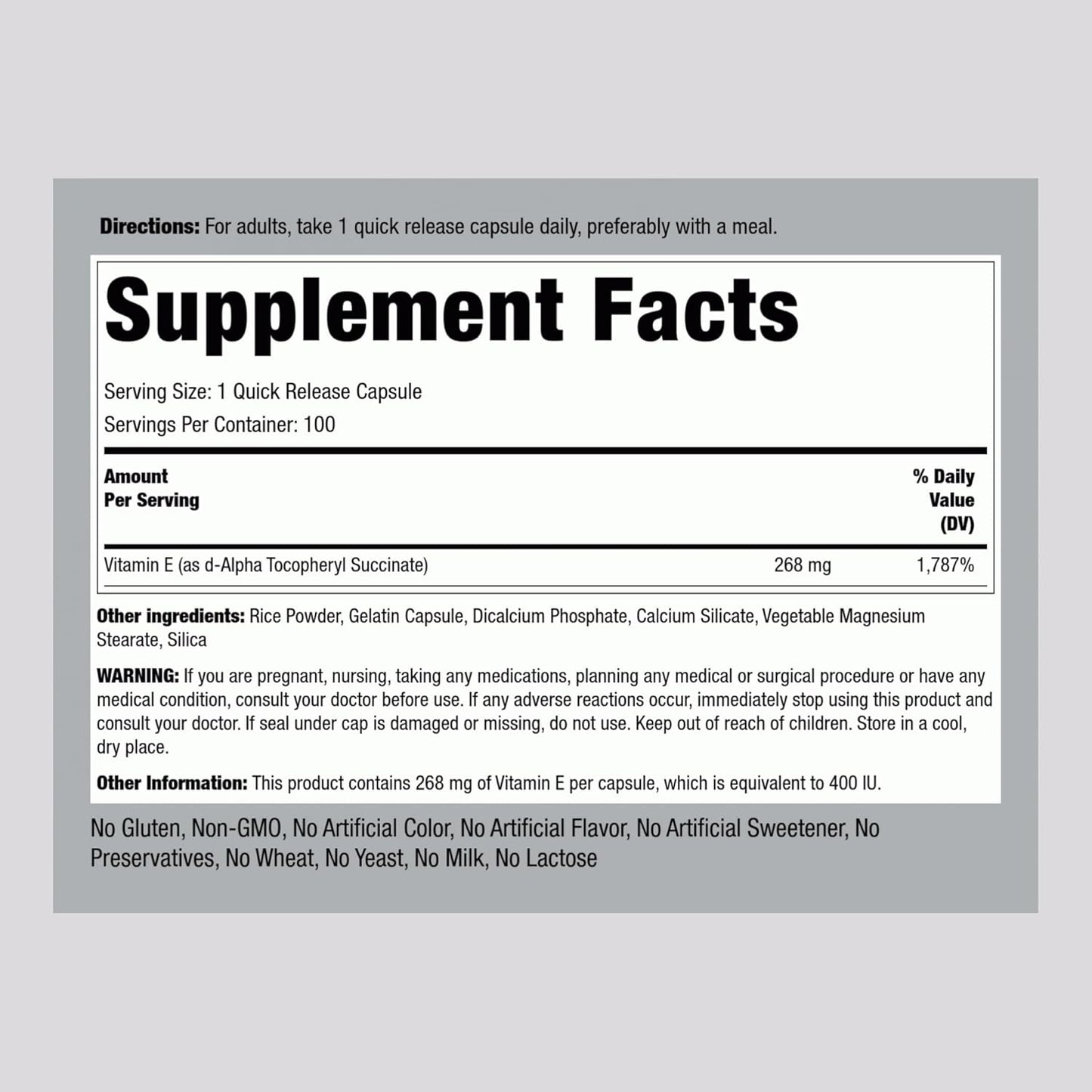Piping Rock Dry Vitamin E 400 IU Capsules - D-Alpha Tocopheryl Formula, Non-GMO & Gluten Free