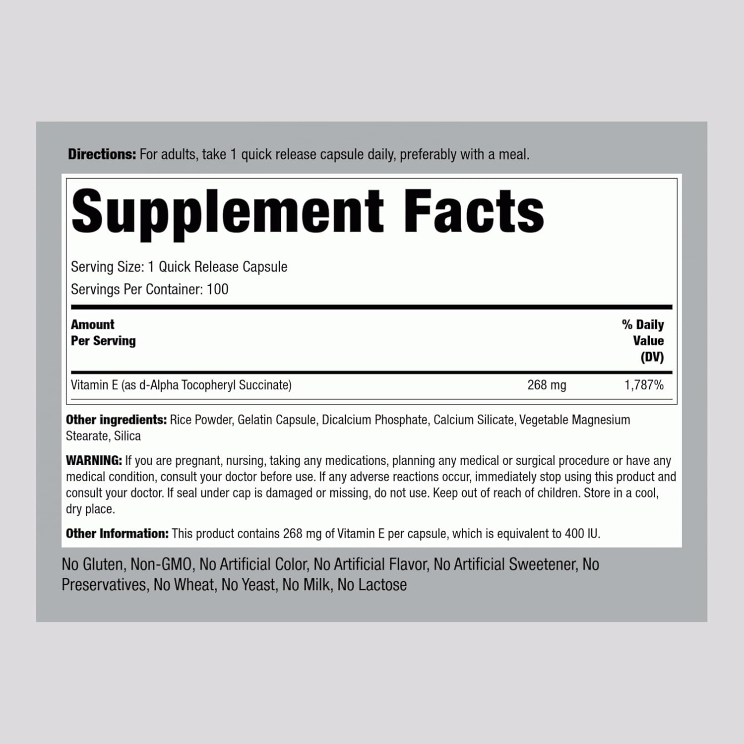 Piping Rock Dry Vitamin E 400 IU Capsules - D-Alpha Tocopheryl Formula, Non-GMO & Gluten Free