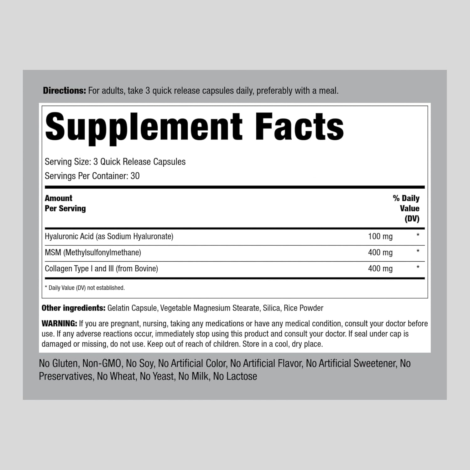 Piping Rock Hyaluronic Acid Complex Capsules 900mg with MSM | Non-GMO, Gluten Free | 90 Count