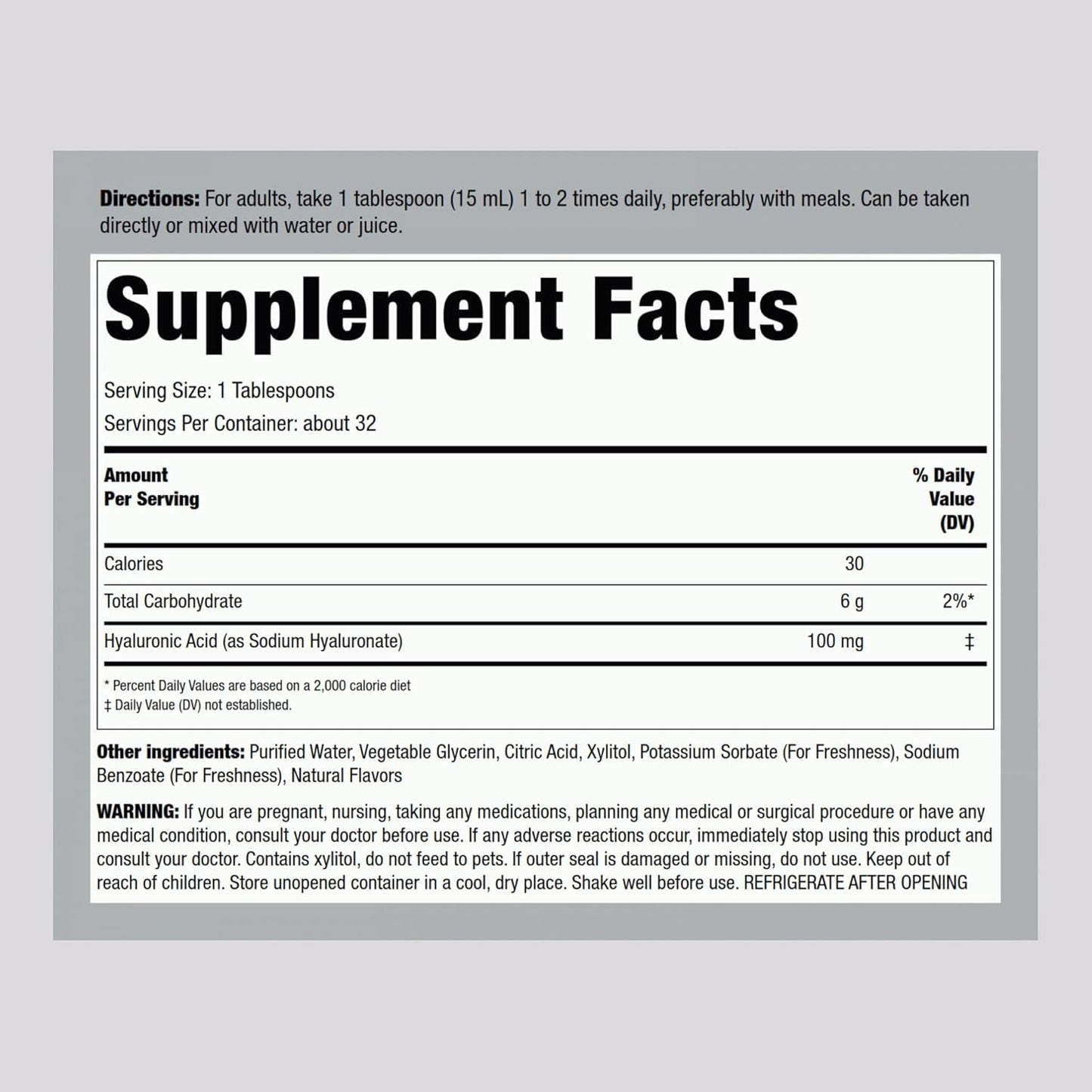 Piping Rock Hyaluronic Acid Liquid Supplement 100mg - 16 fl oz Mixed Berry Flavor - Vegetarian, Non-GMO, Gluten-Free