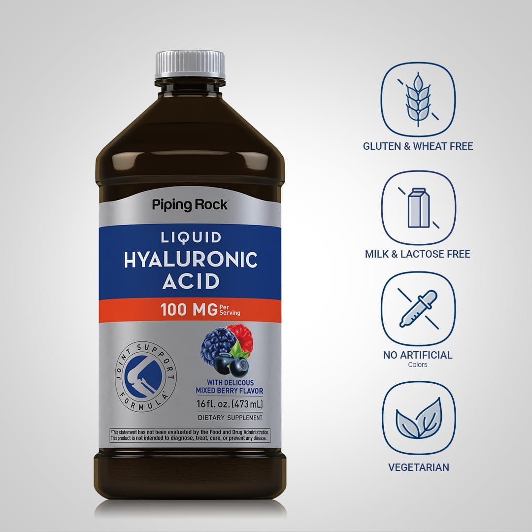 Piping Rock Hyaluronic Acid Liquid Supplement 100mg - 16 fl oz Mixed Berry Flavor - Vegetarian, Non-GMO, Gluten-Free