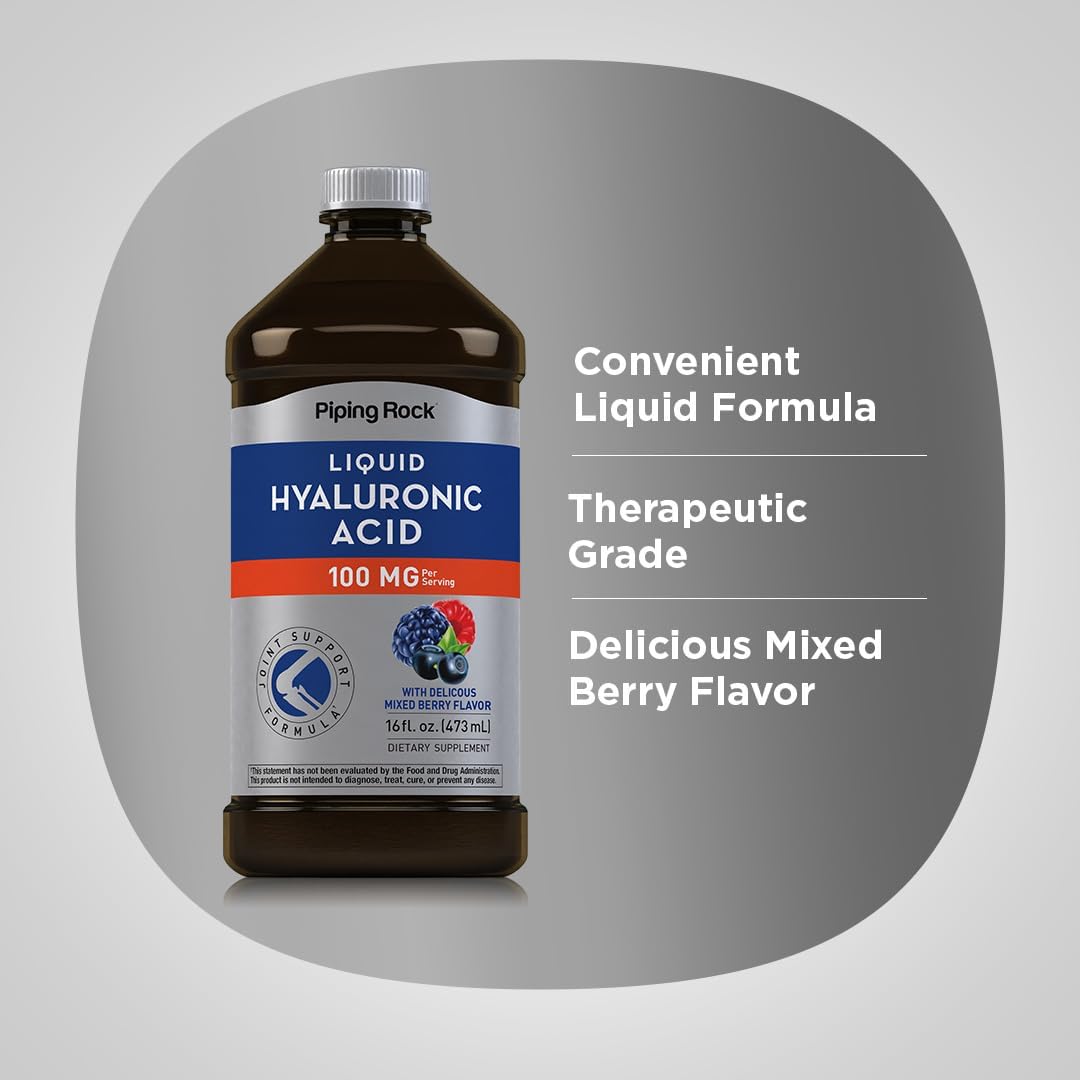 Piping Rock Hyaluronic Acid Liquid Supplement 100mg - 16 fl oz Mixed Berry Flavor - Vegetarian, Non-GMO, Gluten-Free
