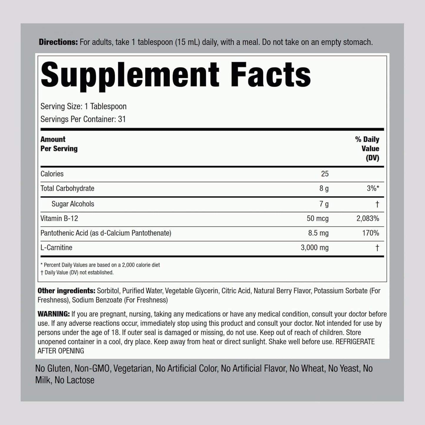 Piping Rock L-Carnitine Liquid Supplement 3000mg Berry Flavor for Advanced Athletes - Non GMO & Gluten Free