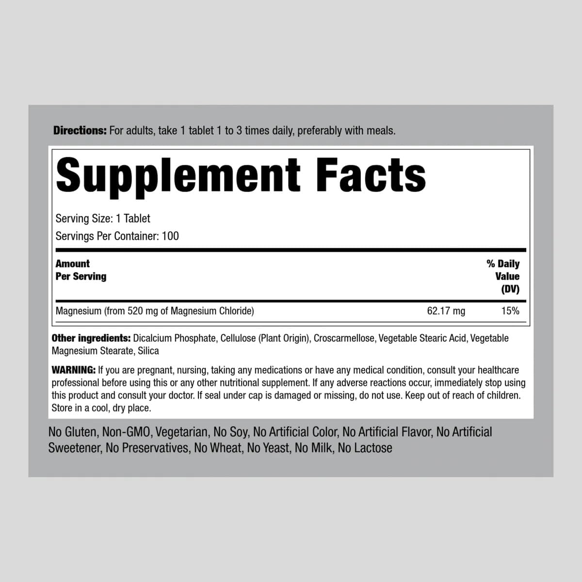 Piping Rock Magnesium Chloride Tablets - 520mg - 100 Count - Vegetarian, Non-GMO, Gluten Free