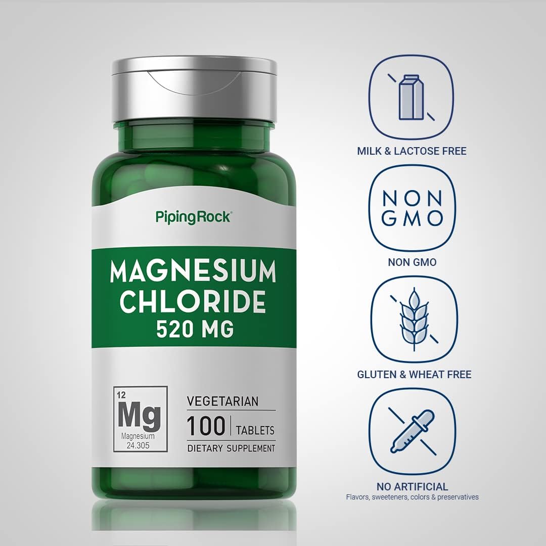 Piping Rock Magnesium Chloride Tablets - 520mg - 100 Count - Vegetarian, Non-GMO, Gluten Free