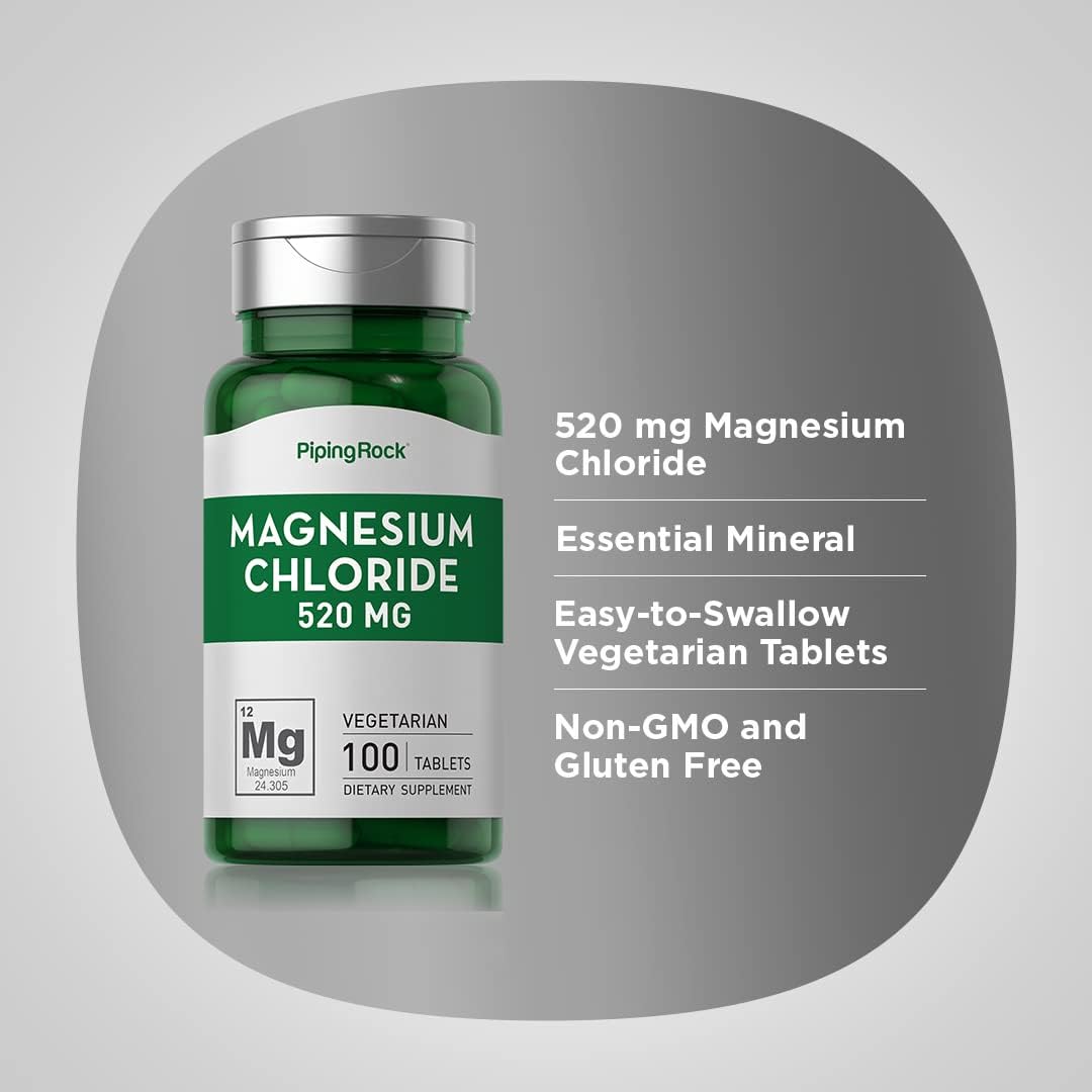 Piping Rock Magnesium Chloride Tablets - 520mg - 100 Count - Vegetarian, Non-GMO, Gluten Free