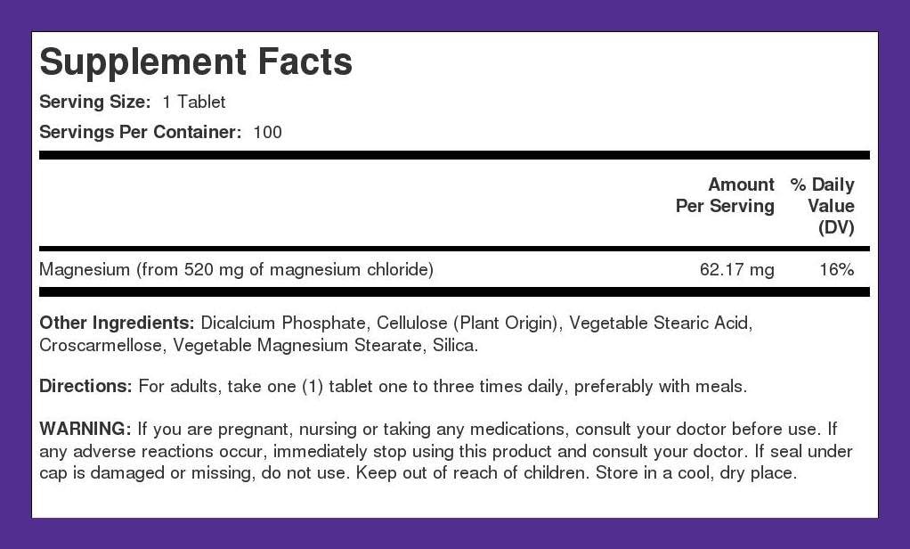 Piping Rock Magnesium Chloride Tablets - 520mg - 100 Count - Vegetarian, Non-GMO, Gluten Free