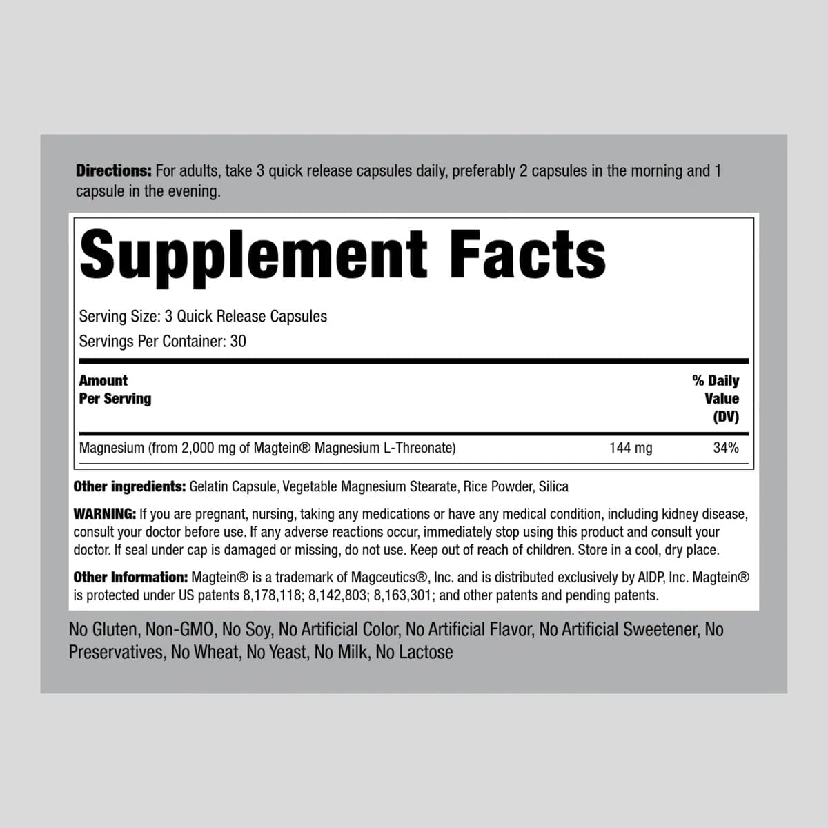 Piping Rock Magtein Magnesium L-Threonate Capsules 2000mg - Non-GMO, Gluten Free Supplement | 90 Count