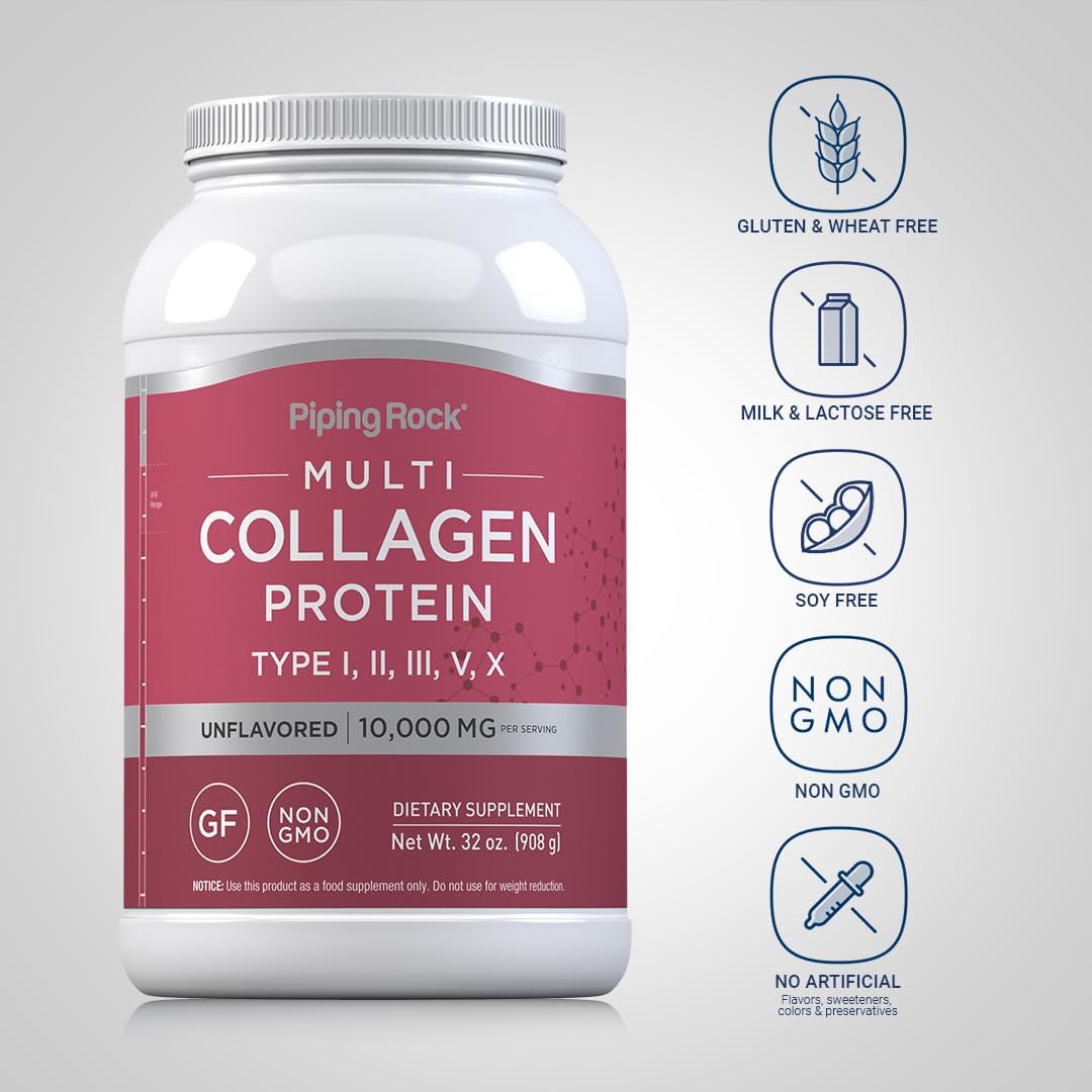 Piping Rock Multi Collagen Protein Powder 32oz - Types I, II, III, V, X - Unflavored Supplement for Women and Men - Non-GMO, Gluten Free