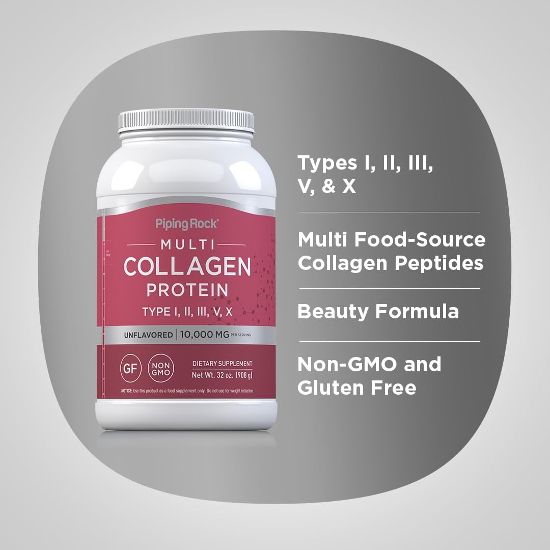 Piping Rock Multi Collagen Protein Powder 32oz - Types I, II, III, V, X - Unflavored Supplement for Women and Men - Non-GMO, Gluten Free