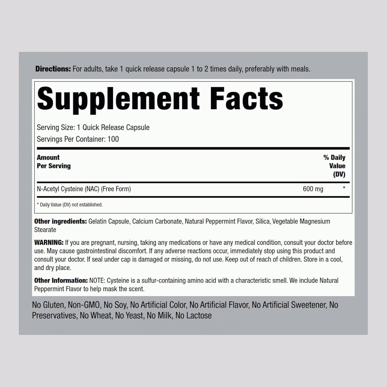 Piping Rock N-Acetyl Cysteine (NAC) Supplement 600mg 100 Capsules - Free Form Pills - Non-GMO, Gluten Free