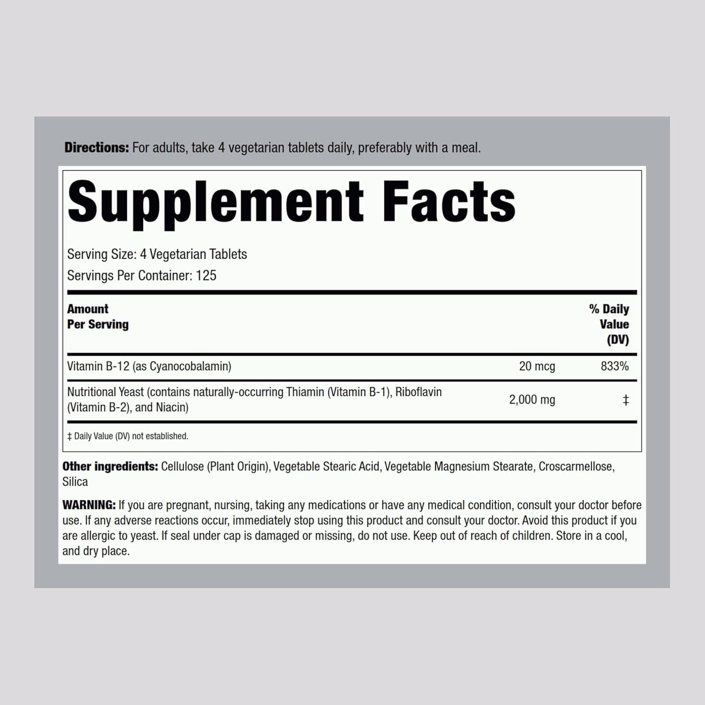 Piping Rock Nutritional Yeast Tablets with Vitamin B12 Complex - 500 Pills, Non-GMO Supplement