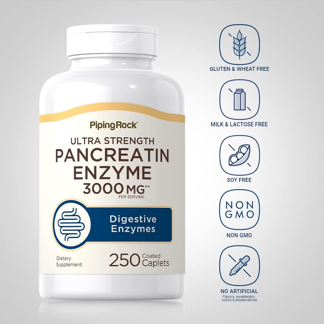 Piping Rock Pancreatin Enzymes 3000mg Caplets Ultra Strength Non-GMO Gluten Free - 250 Count