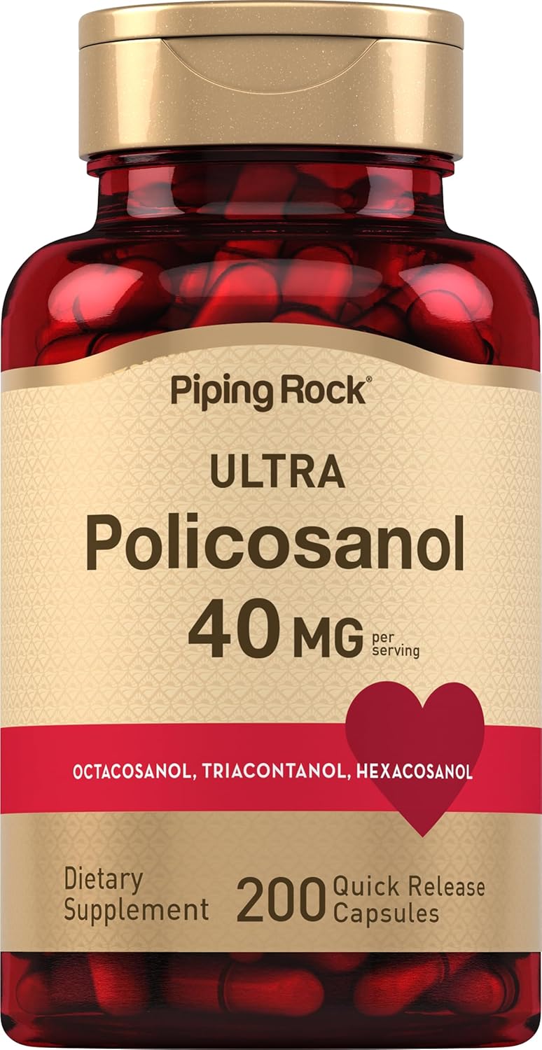 Piping Rock Policosanol 40 mg Supplement - 200 Capsules, Non-GMO, Gluten Free Formula with Octacosanol, Triacontanol, Hexacosanol