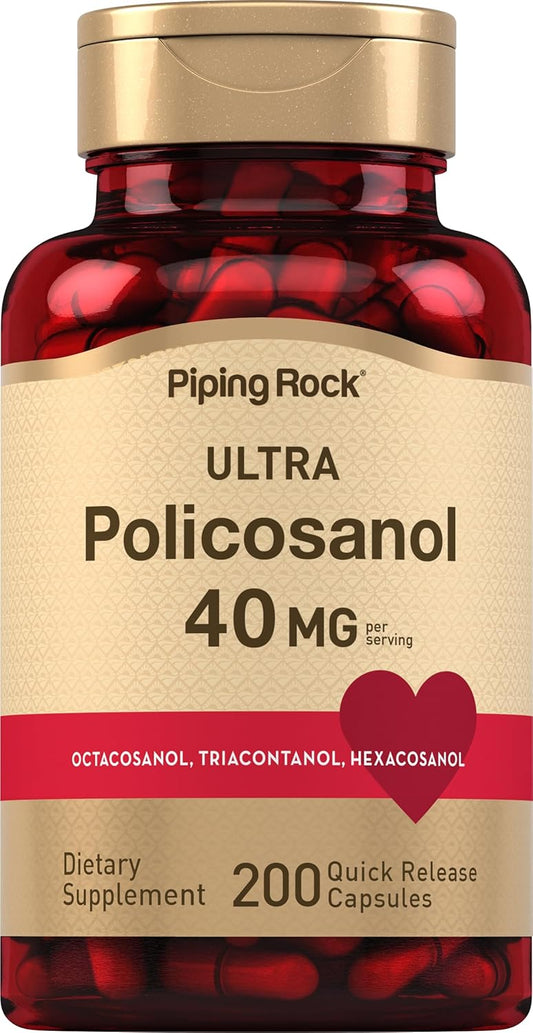 Piping Rock Policosanol 40 mg Supplement - 200 Capsules, Non-GMO, Gluten Free Formula with Octacosanol, Triacontanol, Hexacosanol