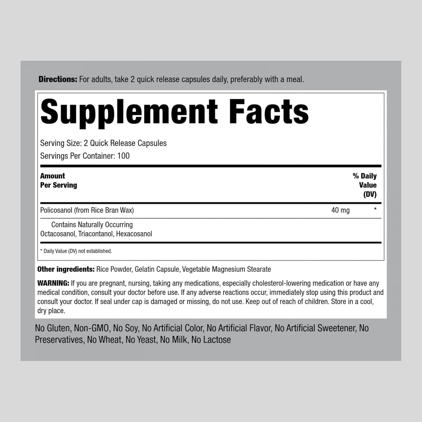 Piping Rock Policosanol 40 mg Supplement - 200 Capsules, Non-GMO, Gluten Free Formula with Octacosanol, Triacontanol, Hexacosanol