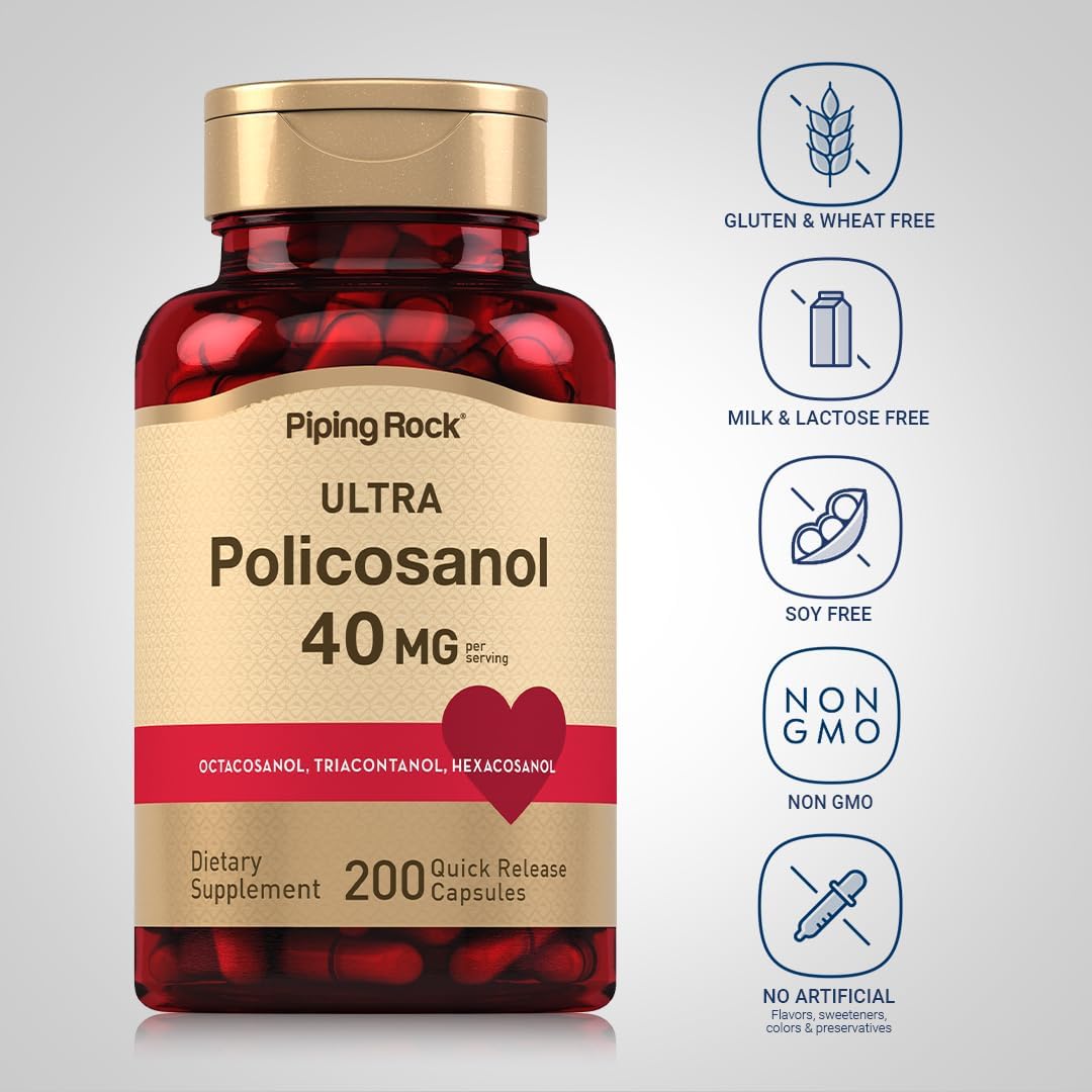 Piping Rock Policosanol 40 mg Supplement - 200 Capsules, Non-GMO, Gluten Free Formula with Octacosanol, Triacontanol, Hexacosanol