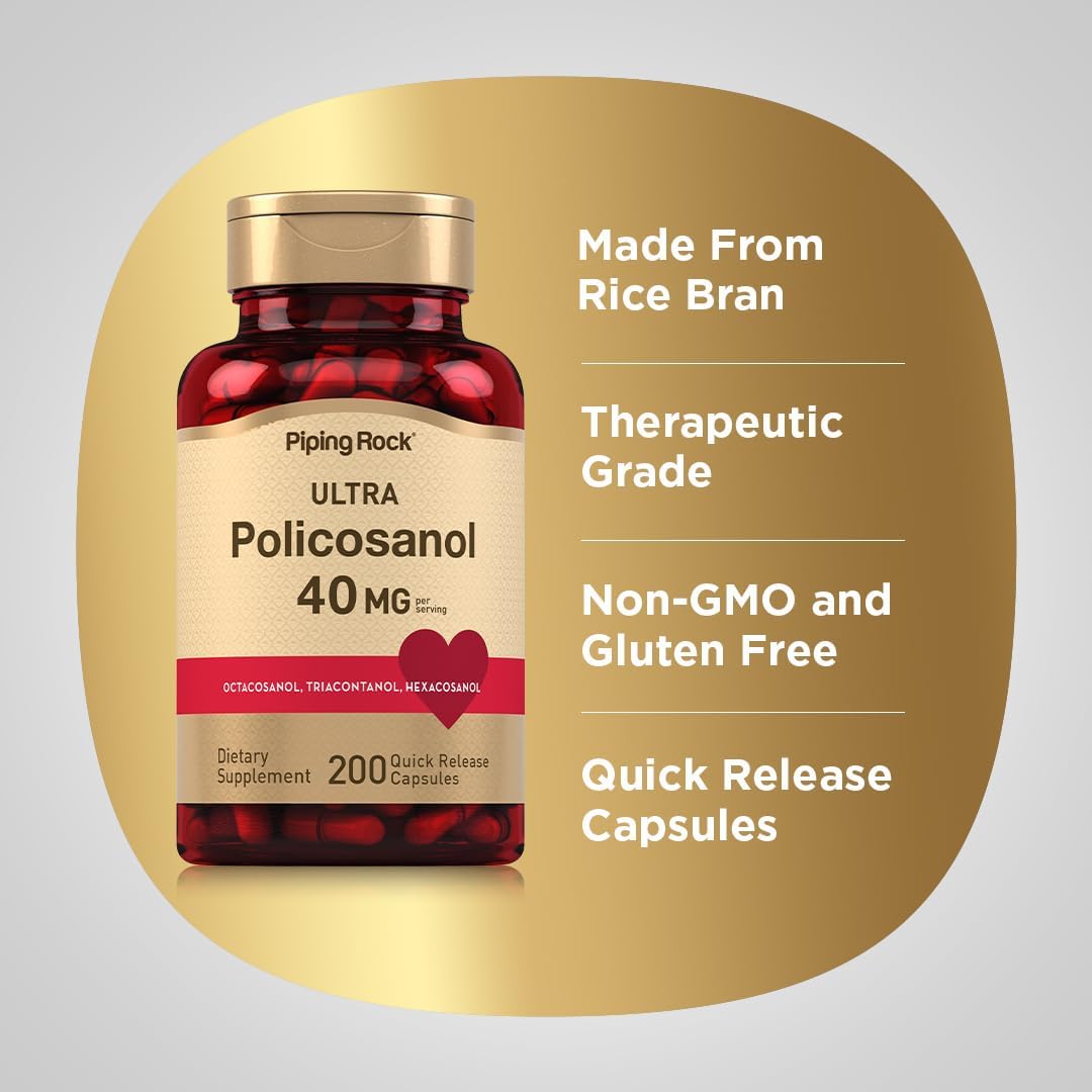 Piping Rock Policosanol 40 mg Supplement - 200 Capsules, Non-GMO, Gluten Free Formula with Octacosanol, Triacontanol, Hexacosanol