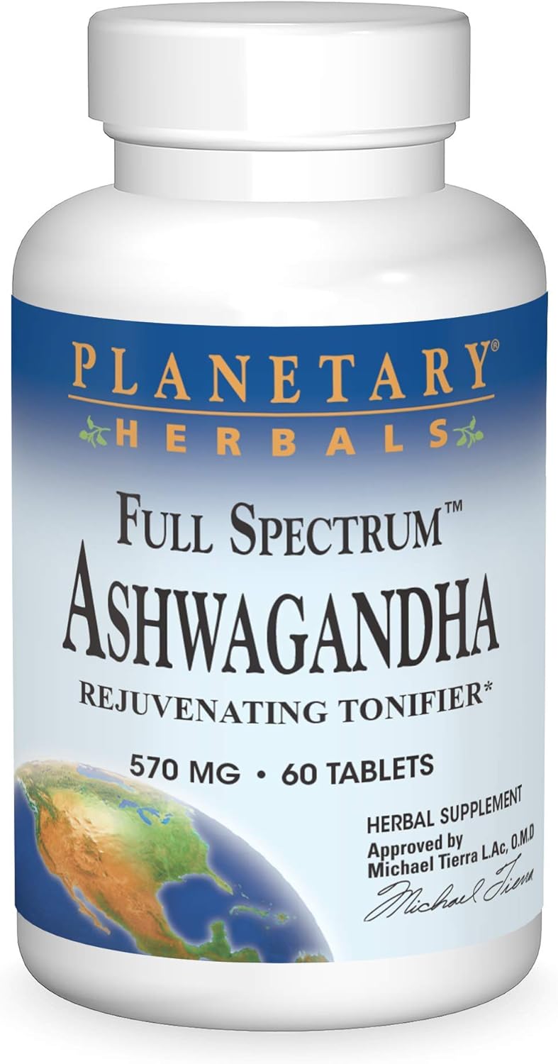 Planetary Herbals Ashwagandha Full Spectrum Tablets - 60 Count, 570mg - Rejuvenating Tonifier Supplement