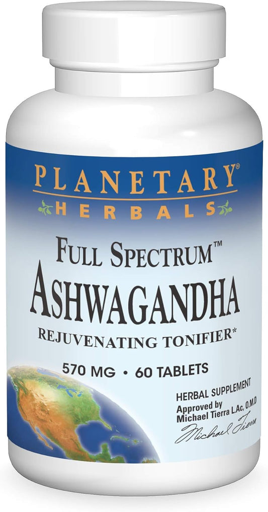 Planetary Herbals Ashwagandha Full Spectrum Tablets - 60 Count, 570mg - Rejuvenating Tonifier Supplement