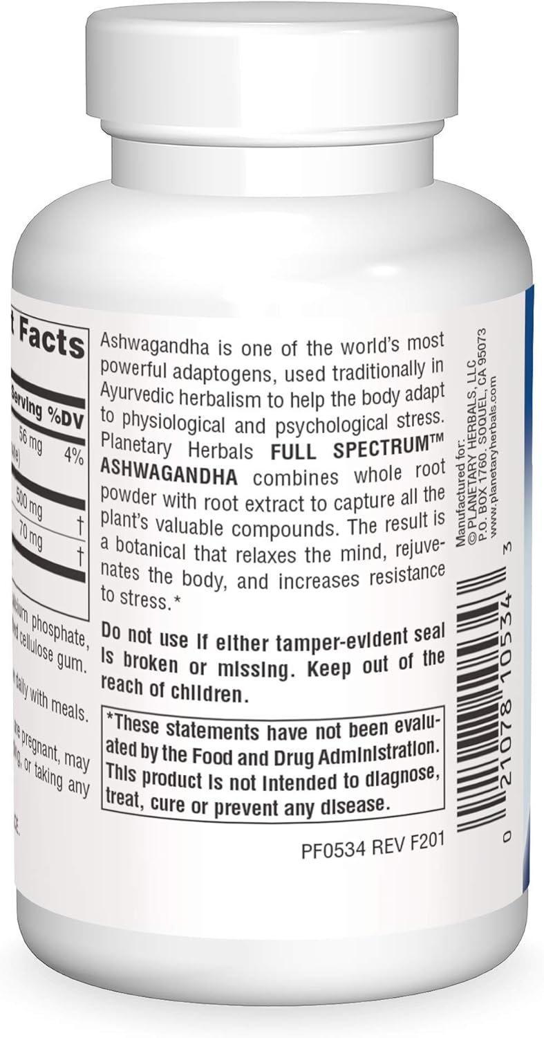 Planetary Herbals Ashwagandha Full Spectrum Tablets - 60 Count, 570mg - Rejuvenating Tonifier Supplement