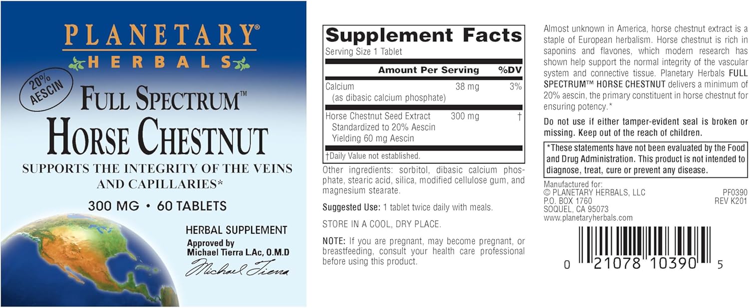 Planetary Herbals Full Spectrum Horse Chestnut Tablets - 60 Count White Bottle Pack