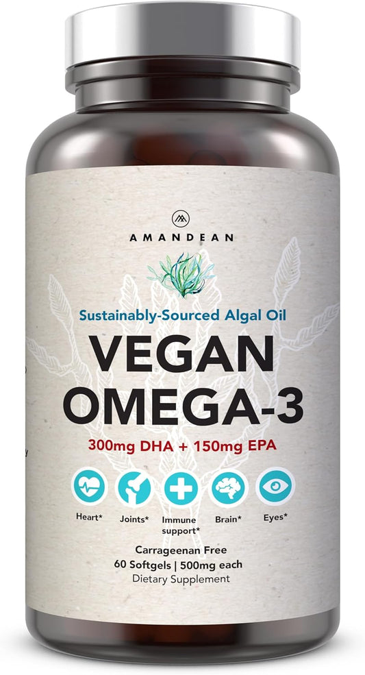 Plant-Based Algae DHA & EPA Omega 3 Supplement for Heart, Brain, Eye, Skin, Immune Support - Carrageenan Free (60ct)
