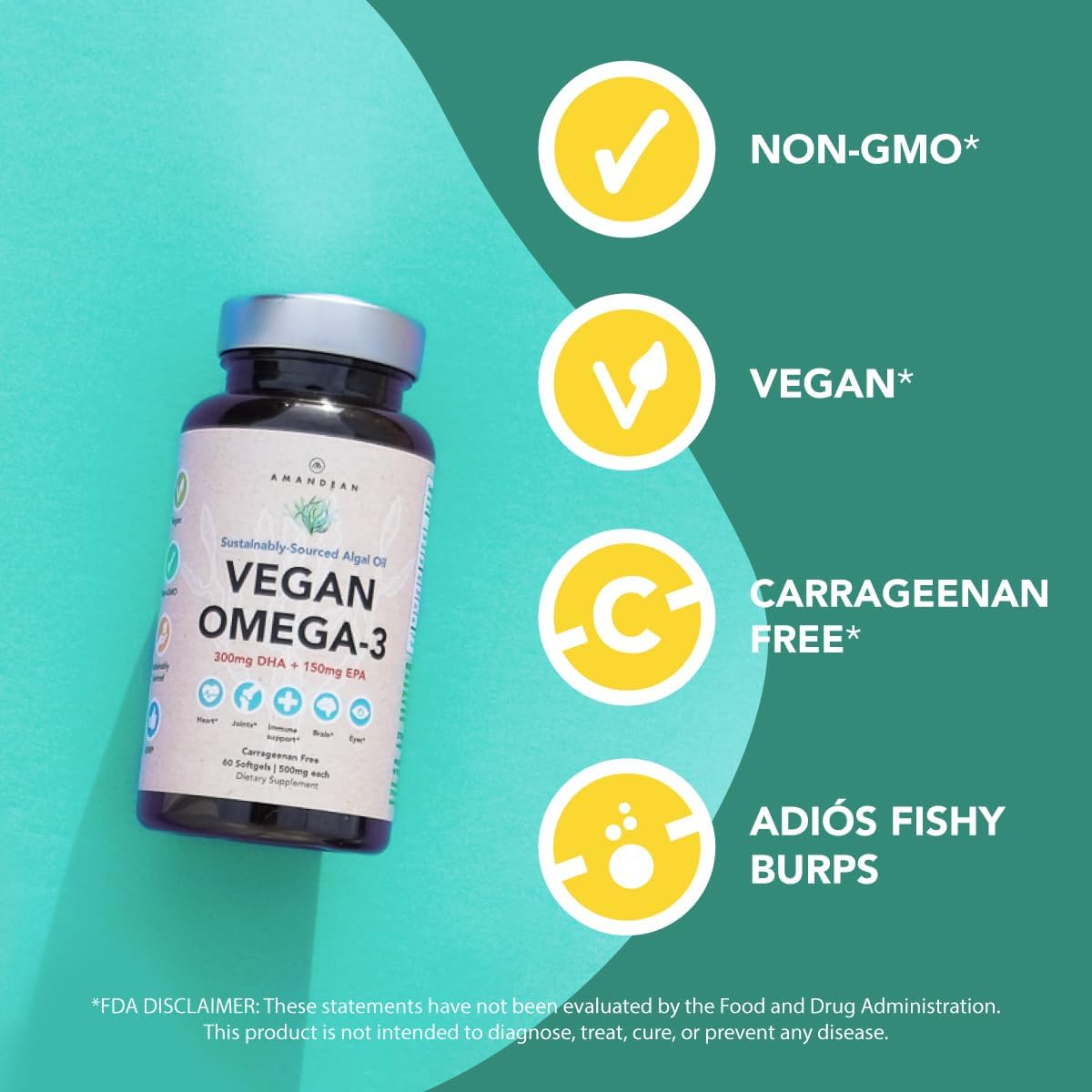 Plant-Based Algae DHA & EPA Omega 3 Supplement for Heart, Brain, Eye, Skin, Immune Support - Carrageenan Free (60ct)