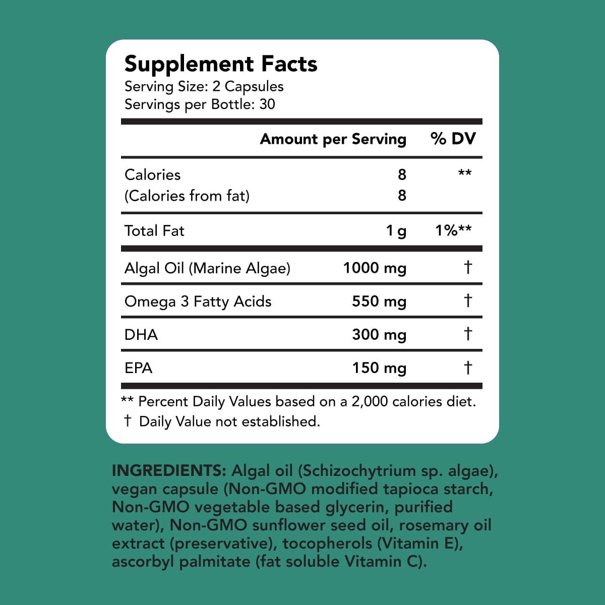 Plant-Based Algae DHA & EPA Omega 3 Supplement for Heart, Brain, Eye, Skin, Immune Support - Carrageenan Free (60ct)