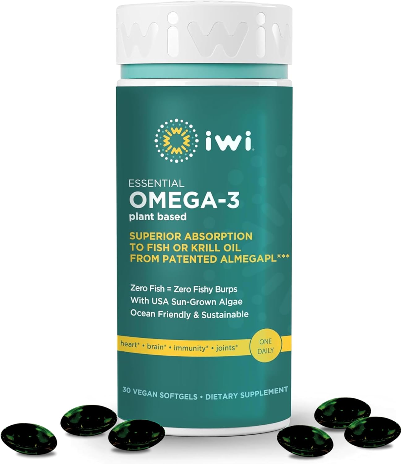Plant-Based Algae Omega-3 Softgels, 30 Servings, EPA + DHA for Brain, Heart & Immune Support, Krill & Fish Oil Alternative