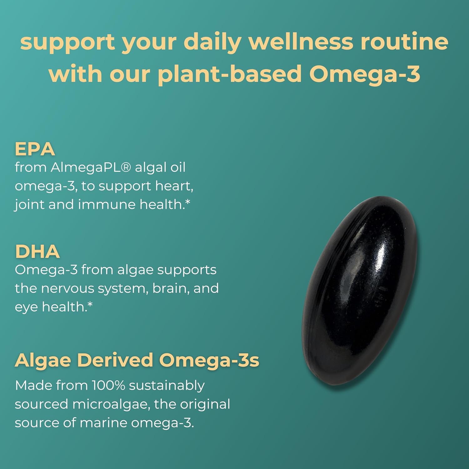 Plant-Based Algae Omega-3 Softgels, 30 Servings, EPA + DHA for Brain, Heart & Immune Support, Krill & Fish Oil Alternative