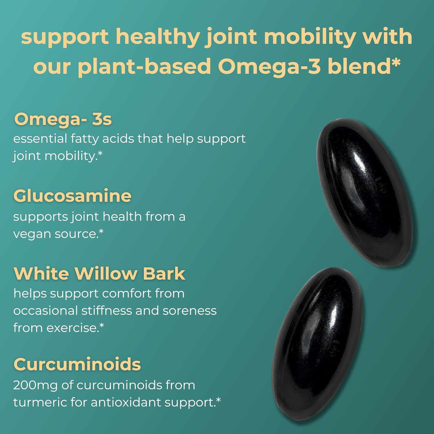 Plant-Based Algae Omega-3 Softgels with Glucosamine for Joint Health & Mobility - 60 Count, No Fishy Aftertaste, Krill & Fish Oil Alternative