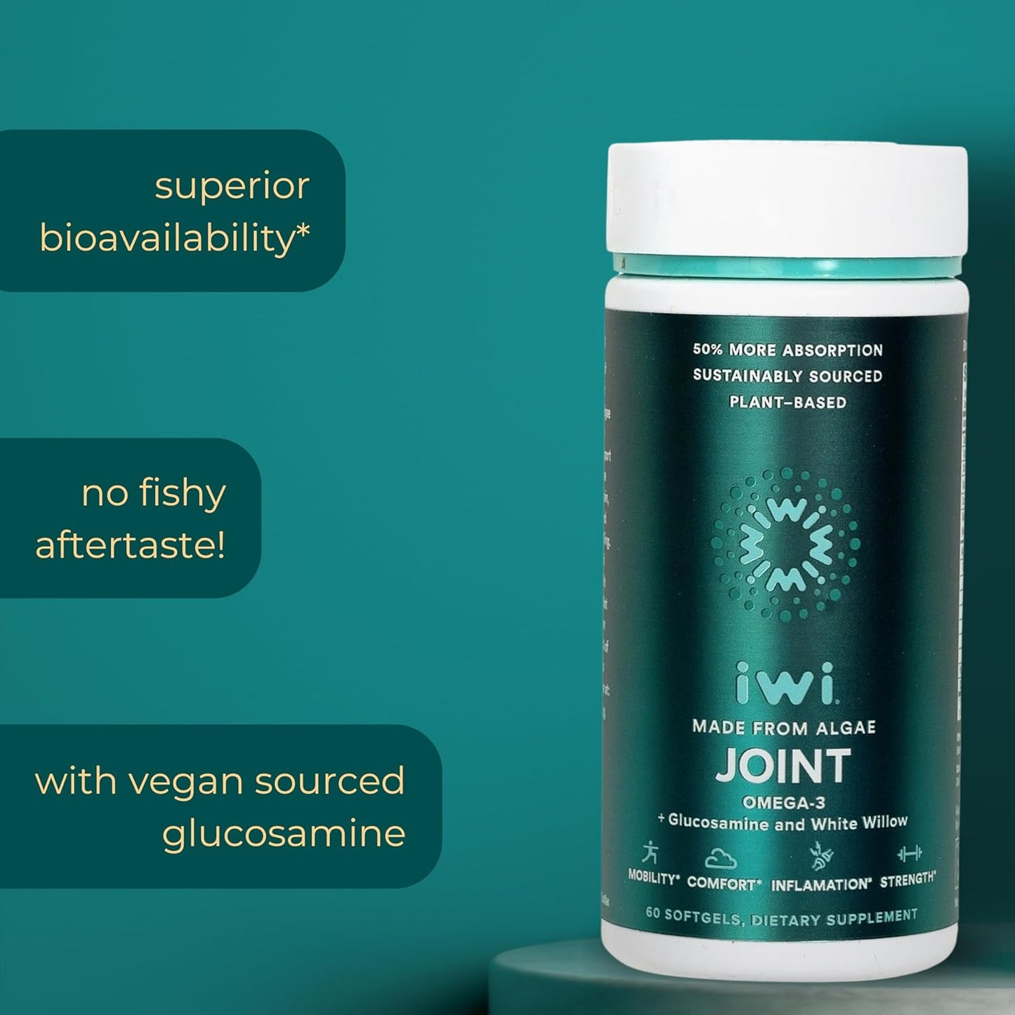 Plant-Based Algae Omega-3 Softgels with Glucosamine for Joint Health & Mobility - 60 Count, No Fishy Aftertaste, Krill & Fish Oil Alternative