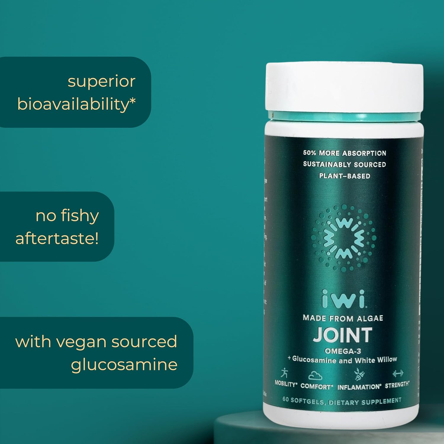 Plant-Based Algae Omega-3 Softgels with Glucosamine for Joint Health & Mobility - 60 Count, No Fishy Aftertaste, Krill & Fish Oil Alternative