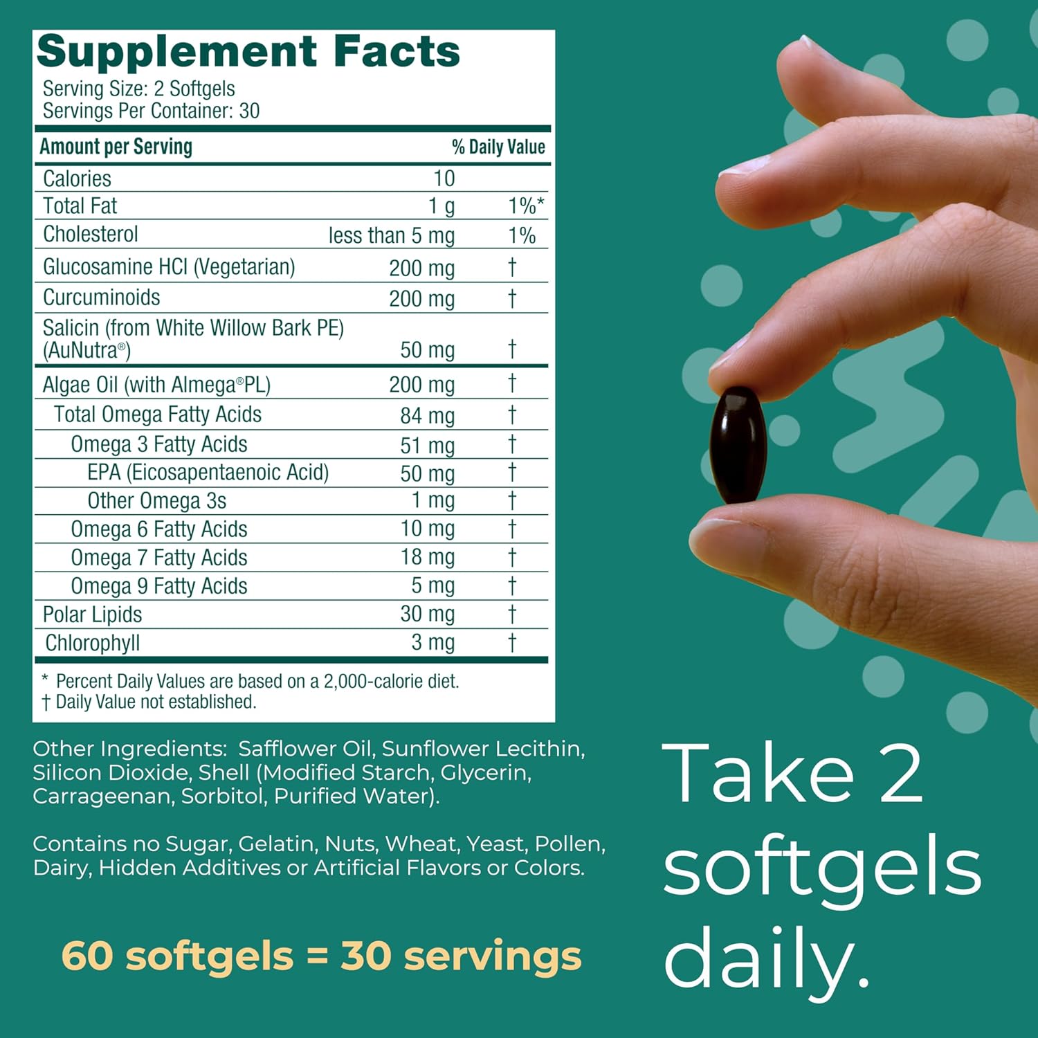 Plant-Based Algae Omega-3 Softgels with Glucosamine for Joint Health & Mobility - 60 Count, No Fishy Aftertaste, Krill & Fish Oil Alternative