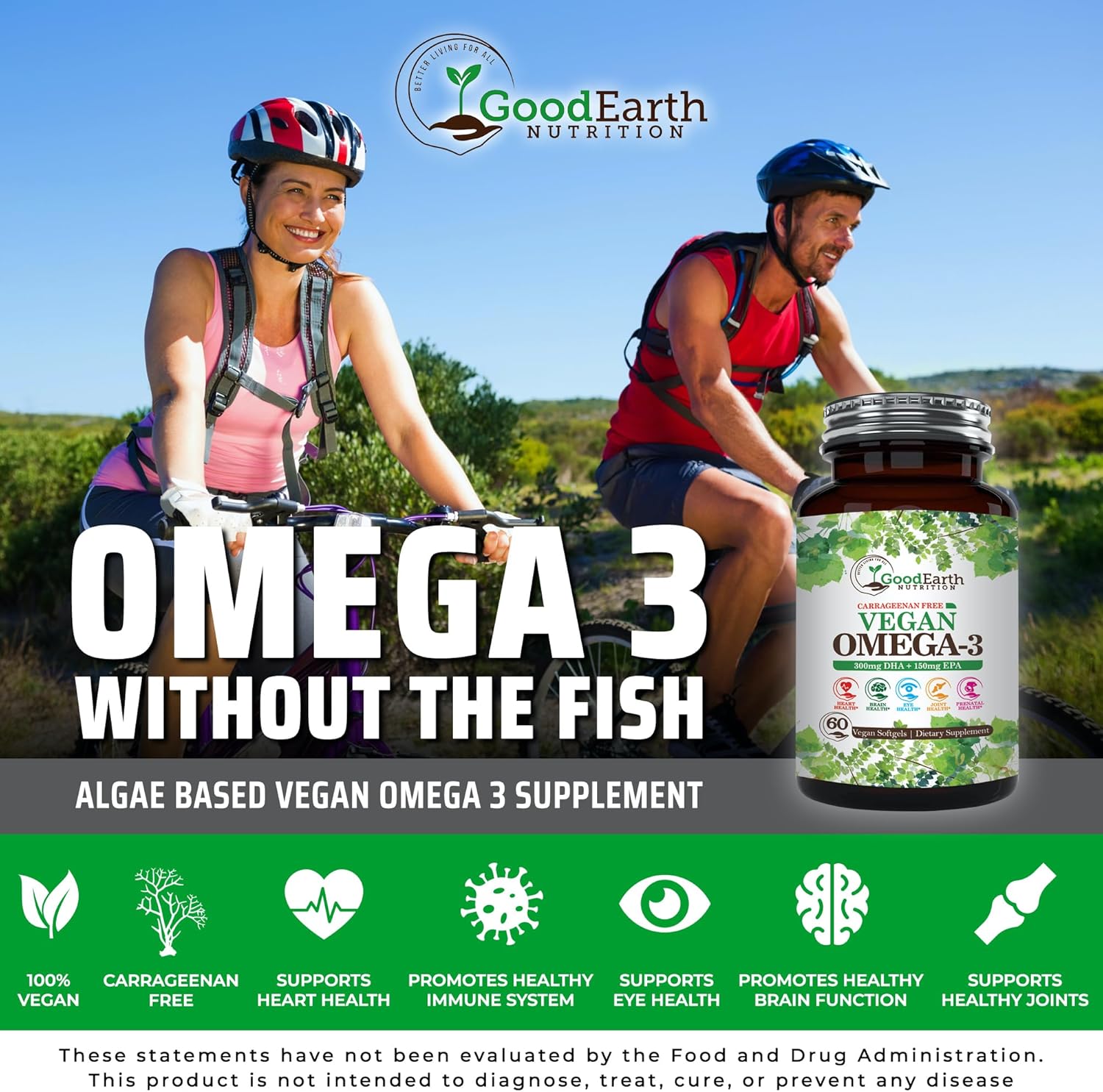 Plant Based Algal DHA/EPA Softgels - Vegan Omega 3 Supplement for Brain, Heart, Joints & Prenatal Health - Carrageenan Free - 60 Capsules