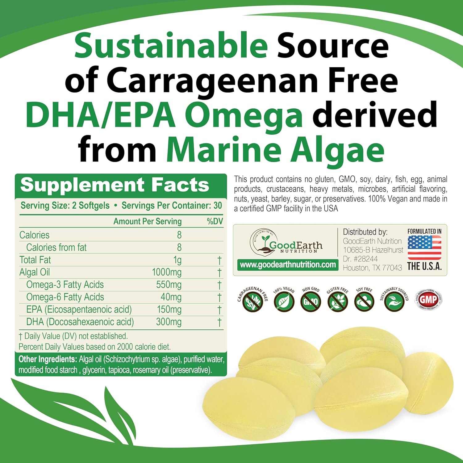 Plant Based Algal DHA/EPA Softgels - Vegan Omega 3 Supplement for Brain, Heart, Joints & Prenatal Health - Carrageenan Free - 60 Capsules