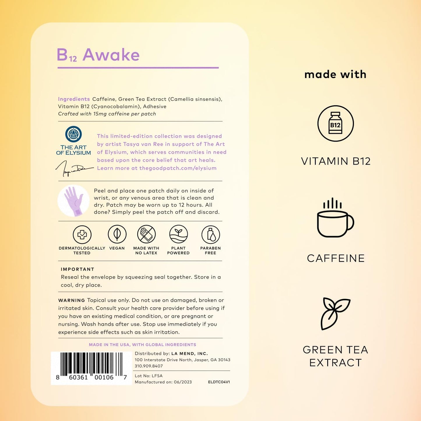 Plant-Based B12 Awake Patch with Caffeine & Green Tea Extract for Energy Boost - Artist-Designed (8 Patches)