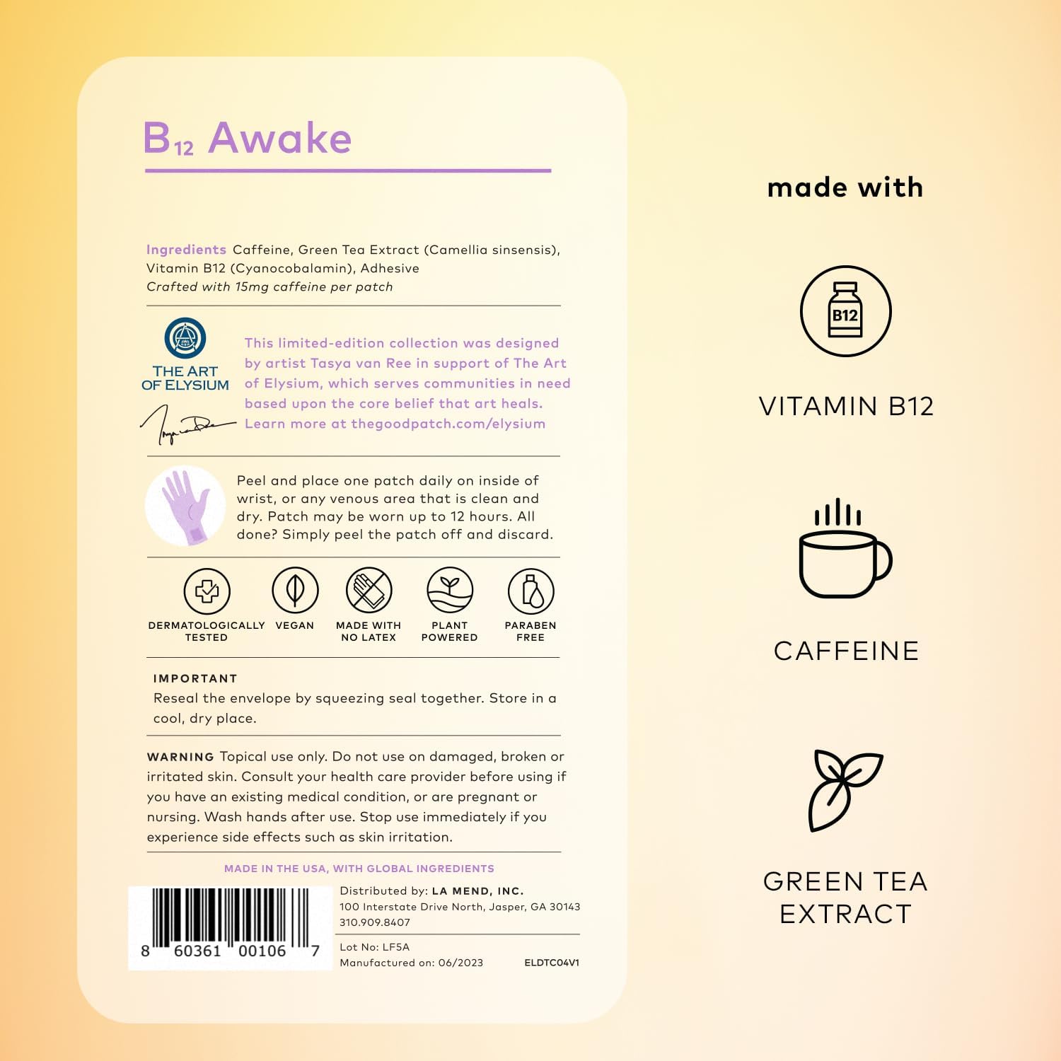 Plant-Based B12 Awake Patch with Caffeine & Green Tea Extract for Energy Boost - Artist-Designed (8 Patches)