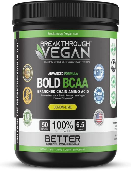 Plant-Based BCAA Powder for Lean Muscle & Recovery | Vegan Lemon-Lime BCAA with 6.5g Amino Acids