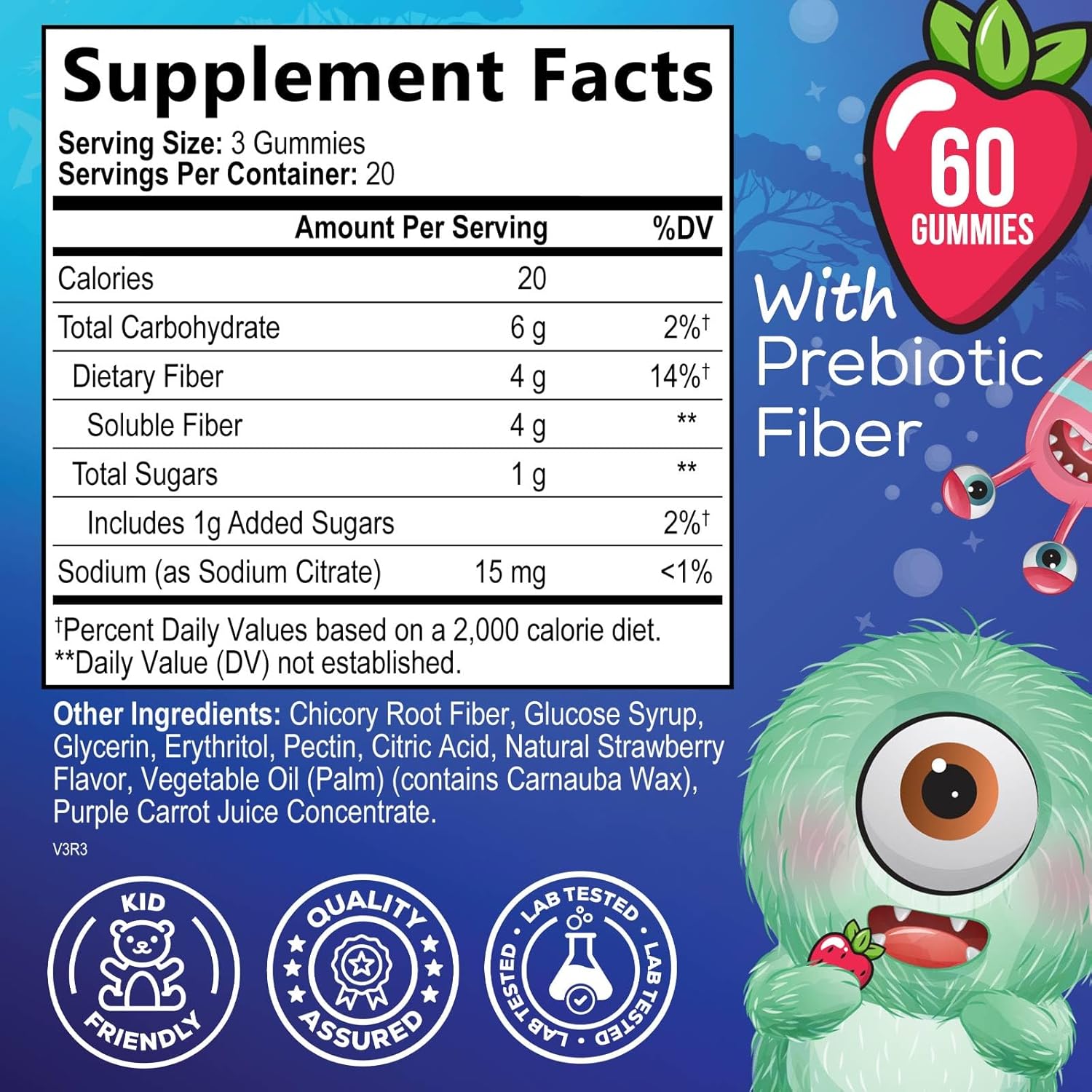 Plant-Based Berry Fiber Gummies for Kids - Supports Digestive Health & Immune System - Vegan Prebiotic Supplement with Chicory Root - 60 Gummies