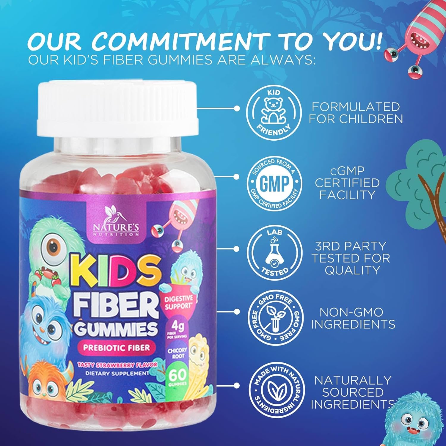 Plant-Based Berry Fiber Gummies for Kids - Supports Digestive Health & Immune System - Vegan Prebiotic Supplement with Chicory Root - 60 Gummies