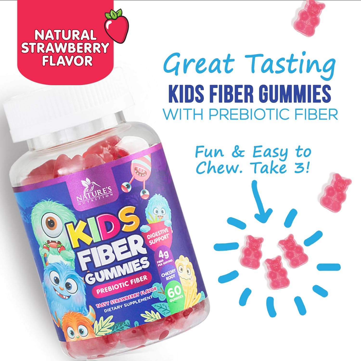 Plant-Based Berry Fiber Gummies for Kids - Supports Digestive Health & Immune System - Vegan Prebiotic Supplement with Chicory Root - 60 Gummies
