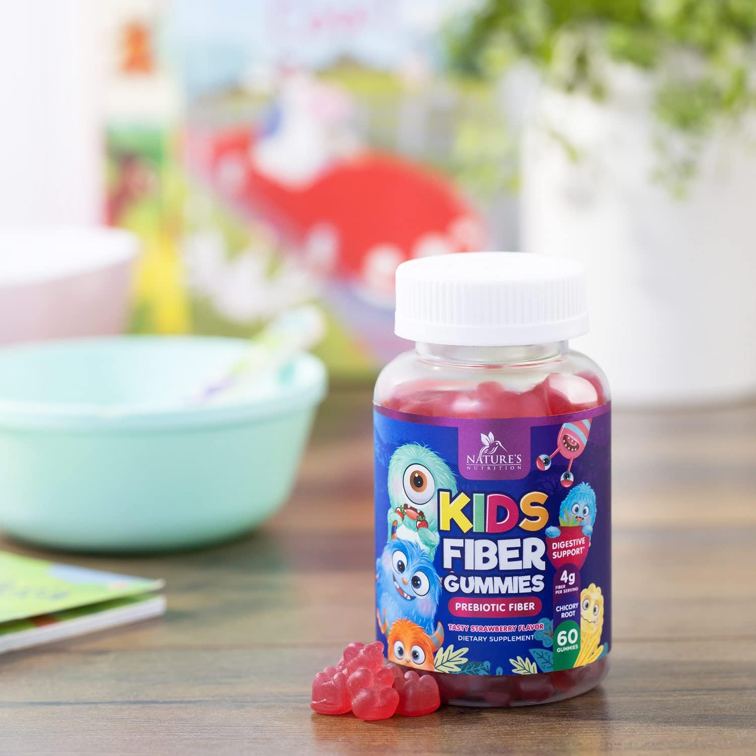 Plant-Based Berry Fiber Gummies for Kids - Supports Digestive Health & Immune System - Vegan Prebiotic Supplement with Chicory Root - 60 Gummies