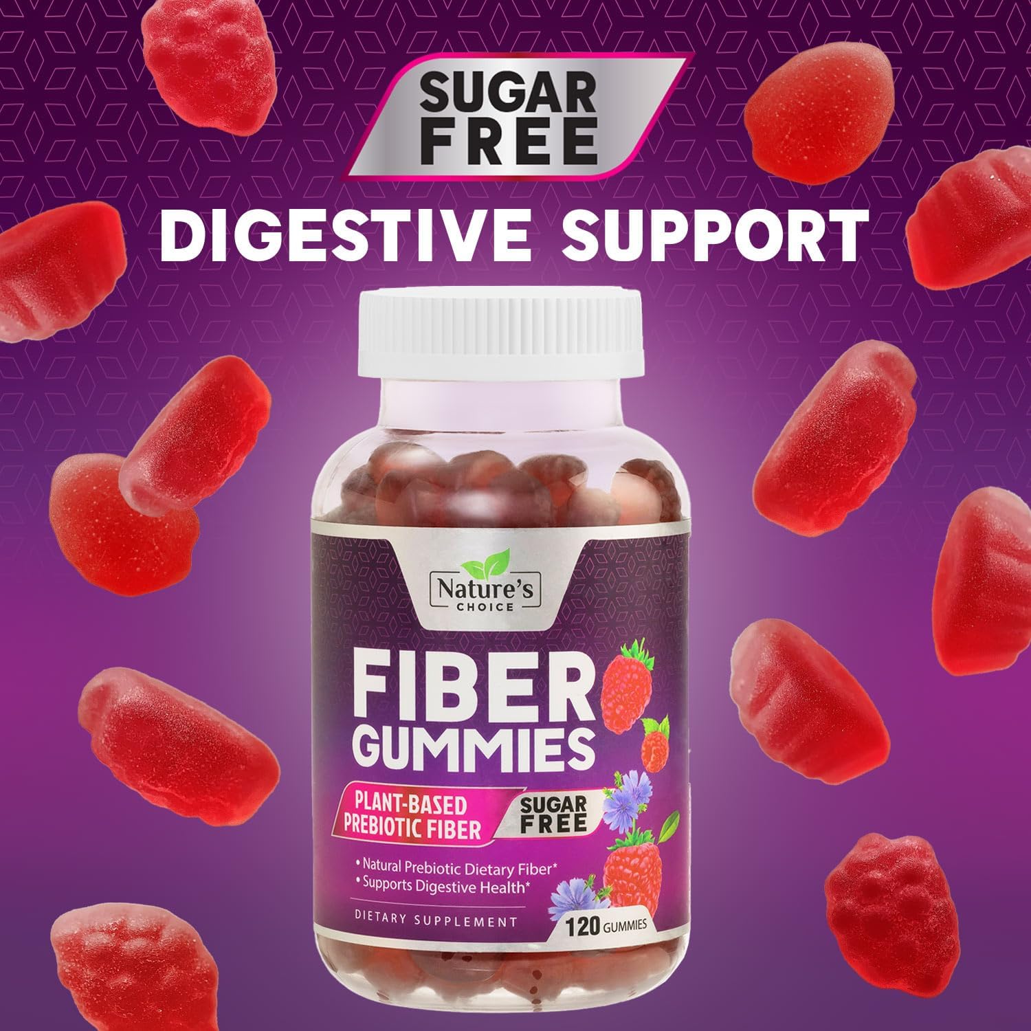 Plant-Based Berry Flavored Fiber Gummies for Adults - Sugar-Free Prebiotic Supplement for Digestive Health - 120 Count