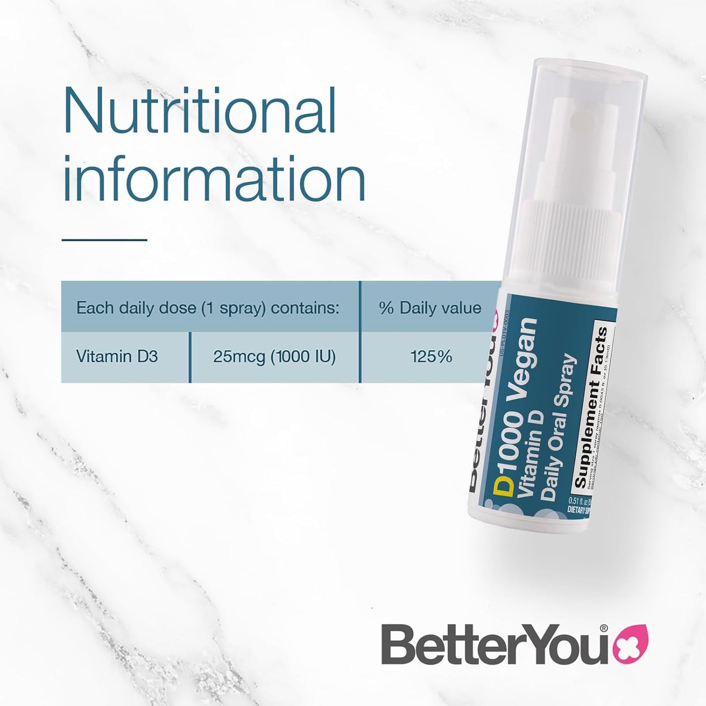 Plant-Based BetterYou D1000 Vitamin D Oral Spray for Strong Bones & Immune Support - Easy Alternative to Tablets - 100 Servings