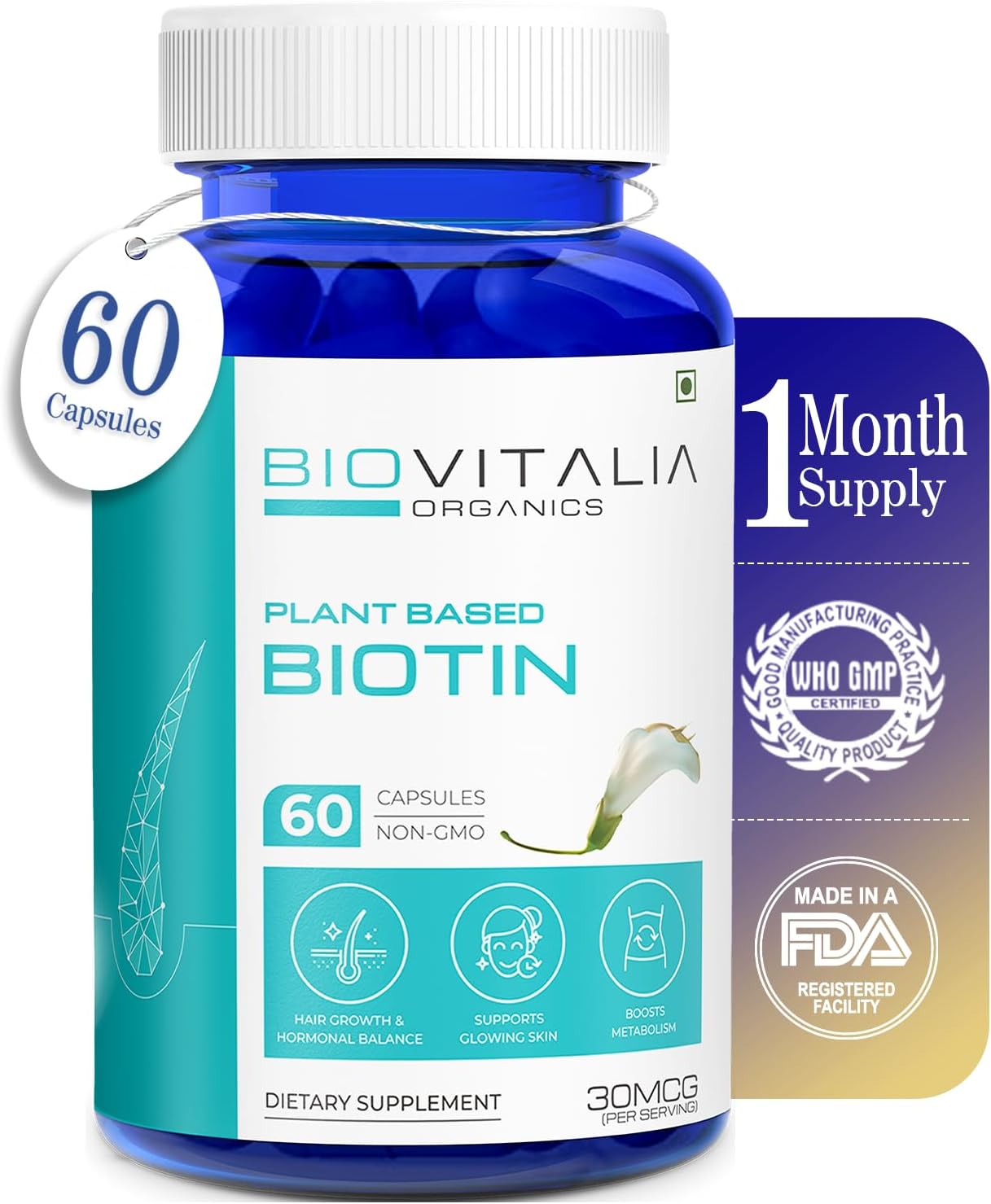 Plant Based Biotin Supplement Capsules for Stronger Nails & Hair Growth - Enriched with Sesbania Grandiflora and Sunflower Seeds - 60 Veg Capsules