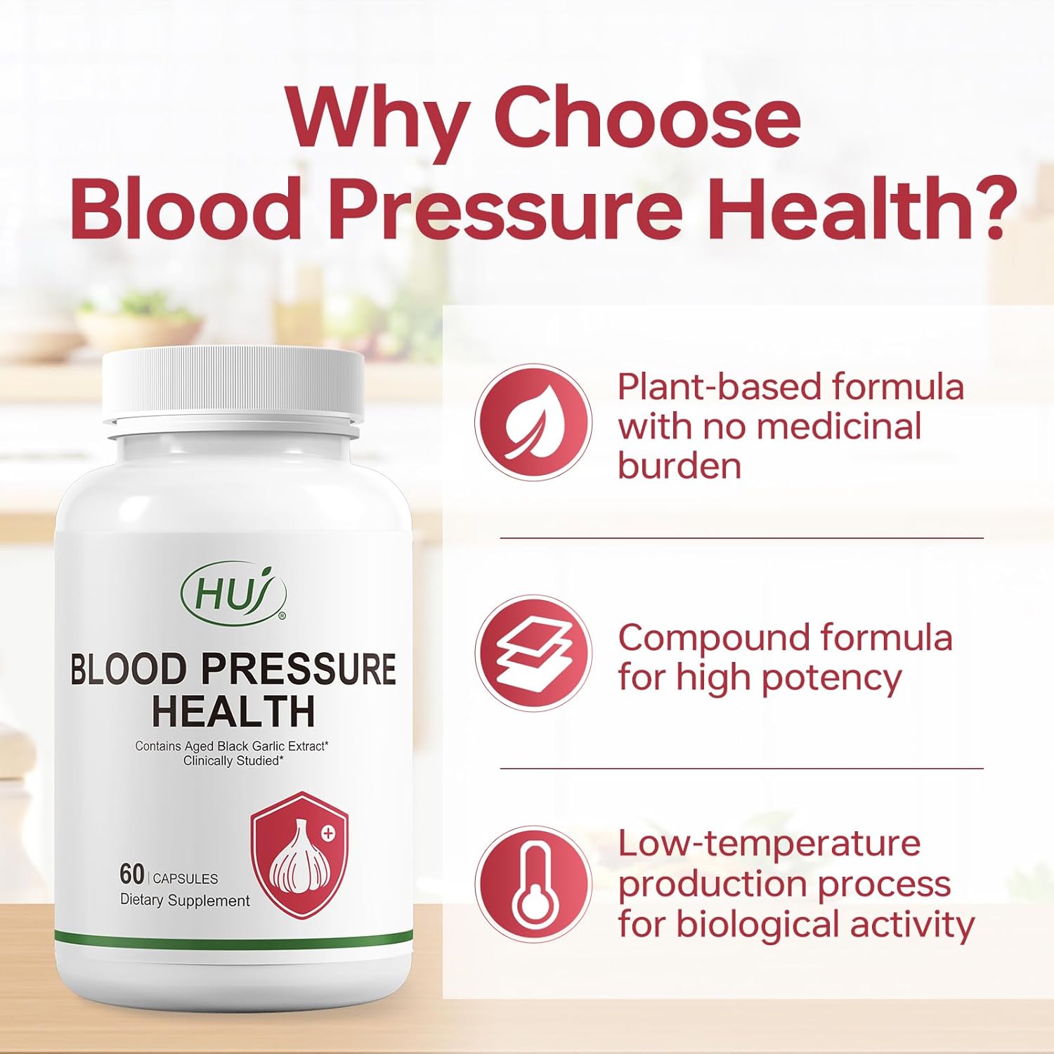 Plant-Based Blood Pressure Support Supplement with Black Garlic, Hawthorn, Beetroot - 60 Capsules