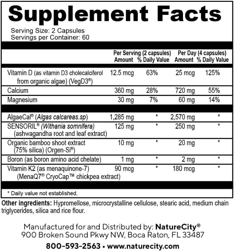 Plant-Based Bone Health Supplement with AlgaeCal Calcium, Magnesium, Vitamin D3, K2, Silicon, Stress Support - 120 Capsules